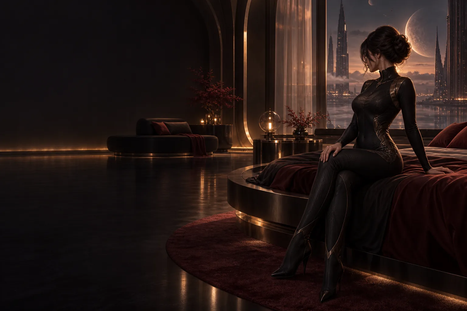 Adult companion in a dark, cinematic suite overlooking a futuristic city